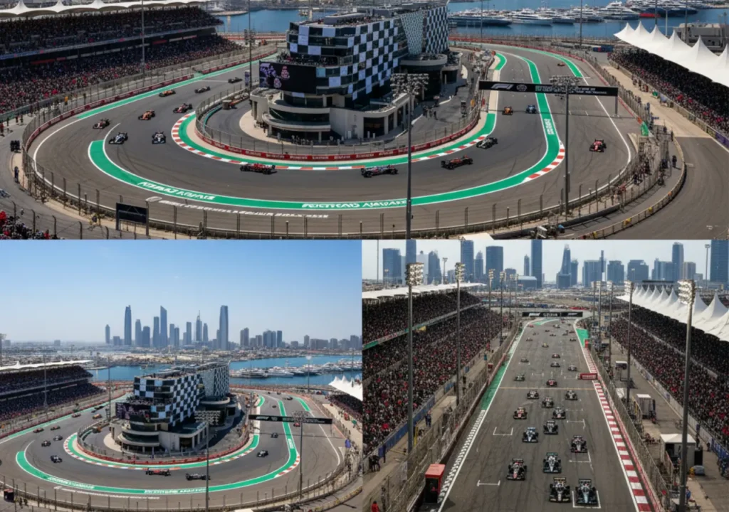 Aerial and trackside views of Formula 1 Abu Dhabi Grand Prix 2025 at Yas Marina Circuit, showing race cars on the track, packed grandstands and the stunning Abu Dhabi skyline in the background.