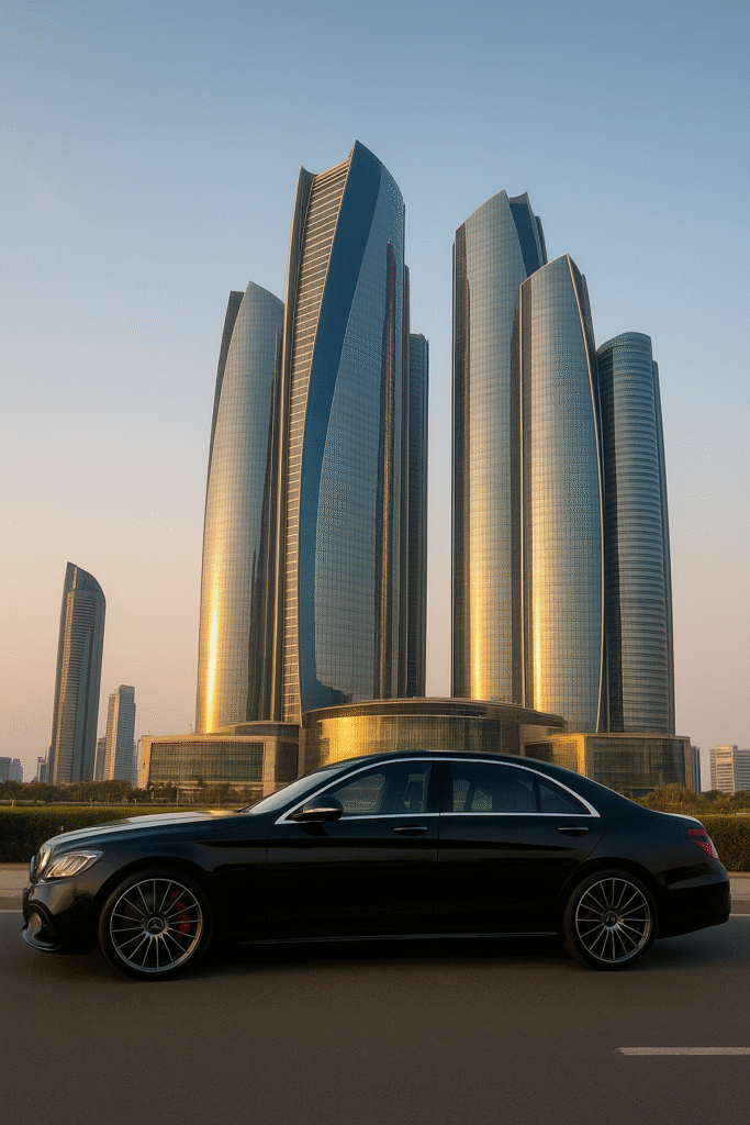 Black luxury car by Etihad Towers, Abu Dhabi. Golden hour. Perfect for Car Rental in Abu Dhabi services.