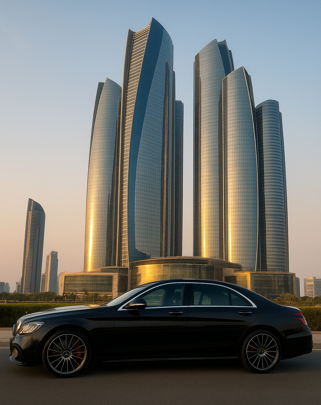 Black luxury car by Etihad Towers, Abu Dhabi. Golden hour. Perfect for Car Rental in Abu Dhabi services.