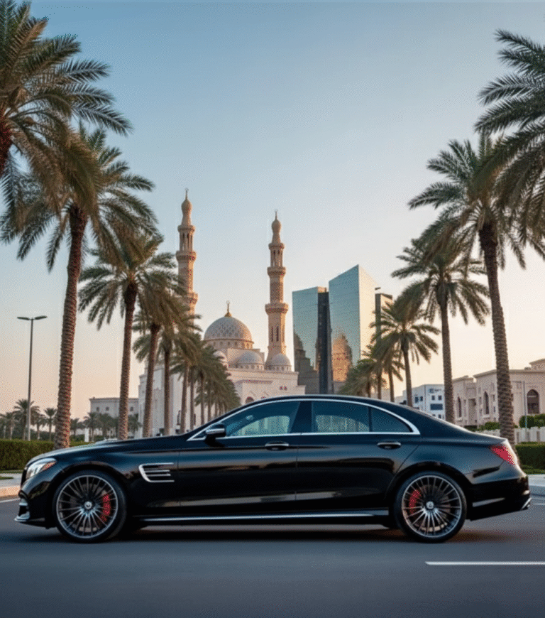 Black luxury sedan driving past a mosque and modern skyscraper in Sharjah, framed by palm trees. Rent a Car in Sharjah.