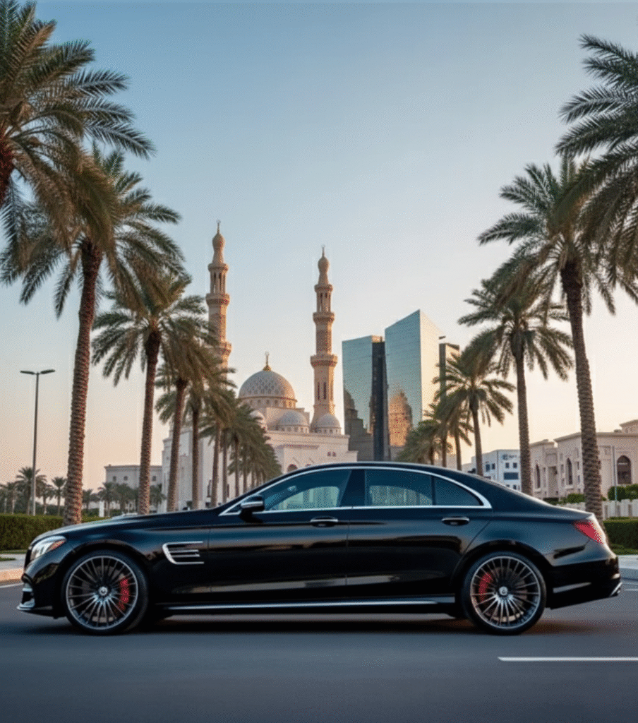 Black luxury sedan driving past a mosque and modern skyscraper in Sharjah, framed by palm trees. Rent a Car in Sharjah.