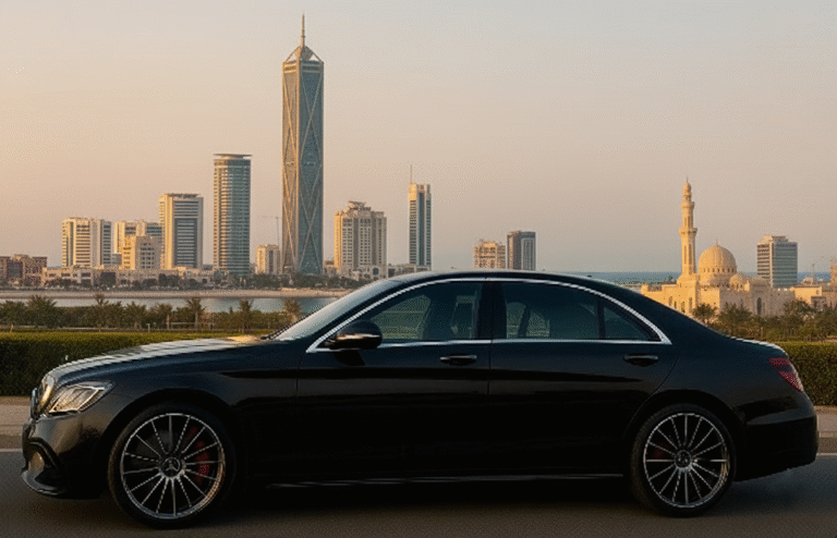 A side profile of a sleek, black Mercedes-Benz sedan parked in front of a modern coastal city skyline with a large mosque and skyscrapers at sunset.