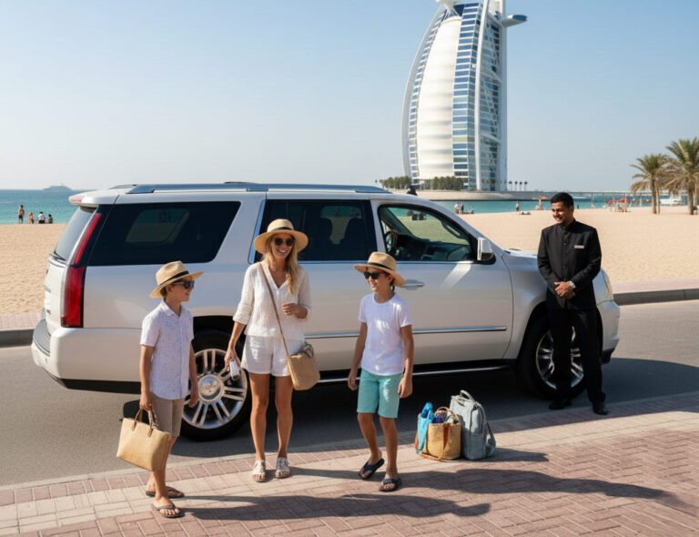 Family enjoying a beach tour in Dubai with a white SUV chauffeur service near Burj Al Arab, showcasing a family friendly chauffeur service in Dubai.