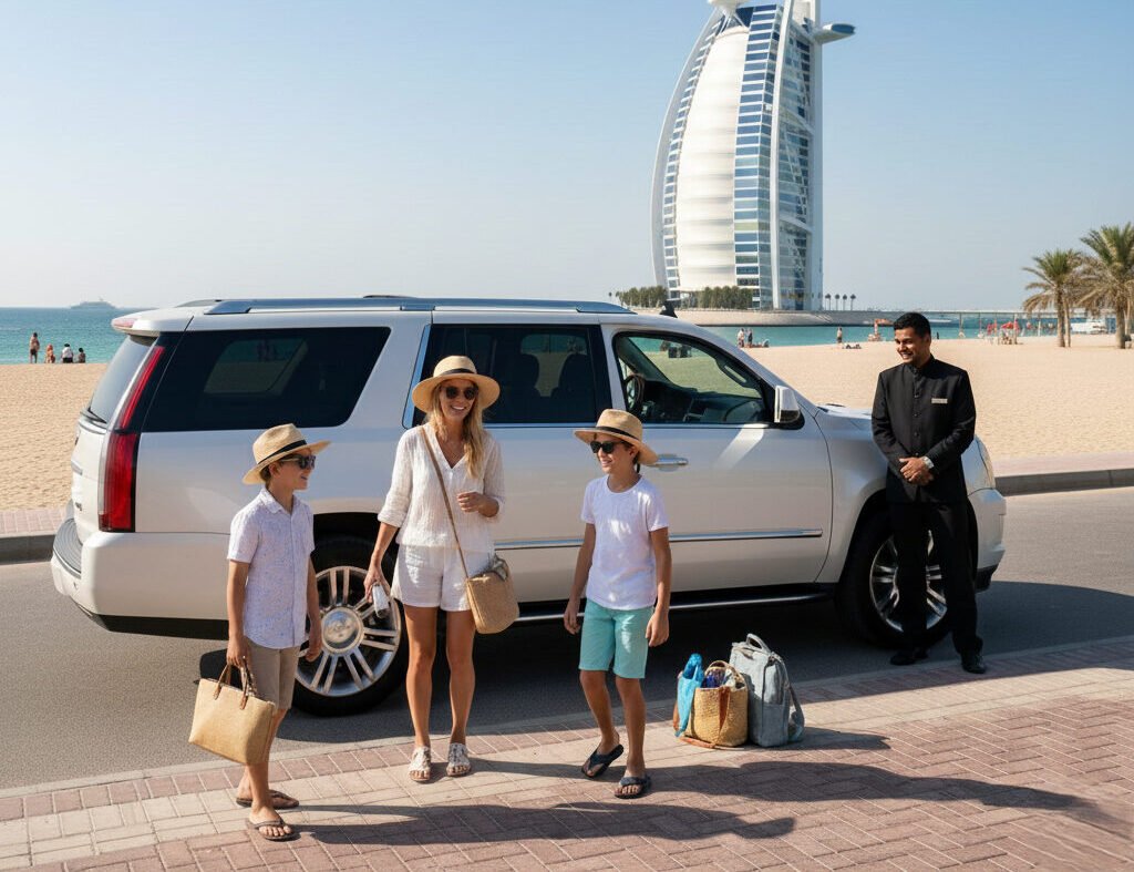 Family enjoying a beach tour in Dubai with a white SUV chauffeur service near Burj Al Arab, showcasing a family friendly chauffeur service in Dubai.