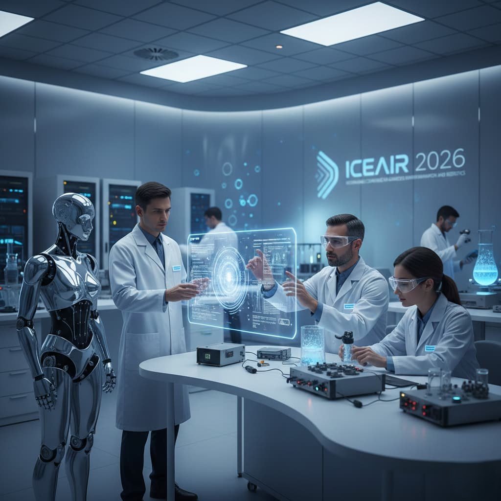 A photorealistic futuristic laboratory featuring scientists in white coats interacting with a chrome humanoid robot and a glowing AI holographic interface. The wall displays the text "ICEAIR 2026.