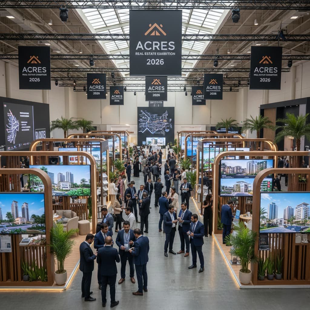 A high-angle, realistic photo of a crowded indoor real estate exhibition hall with modern wooden booths, digital property displays, and "Acres Real Estate Exhibition 2026" banners hanging from a high ceiling. Professional attendees in business attire are seen networking and walking through the venue.