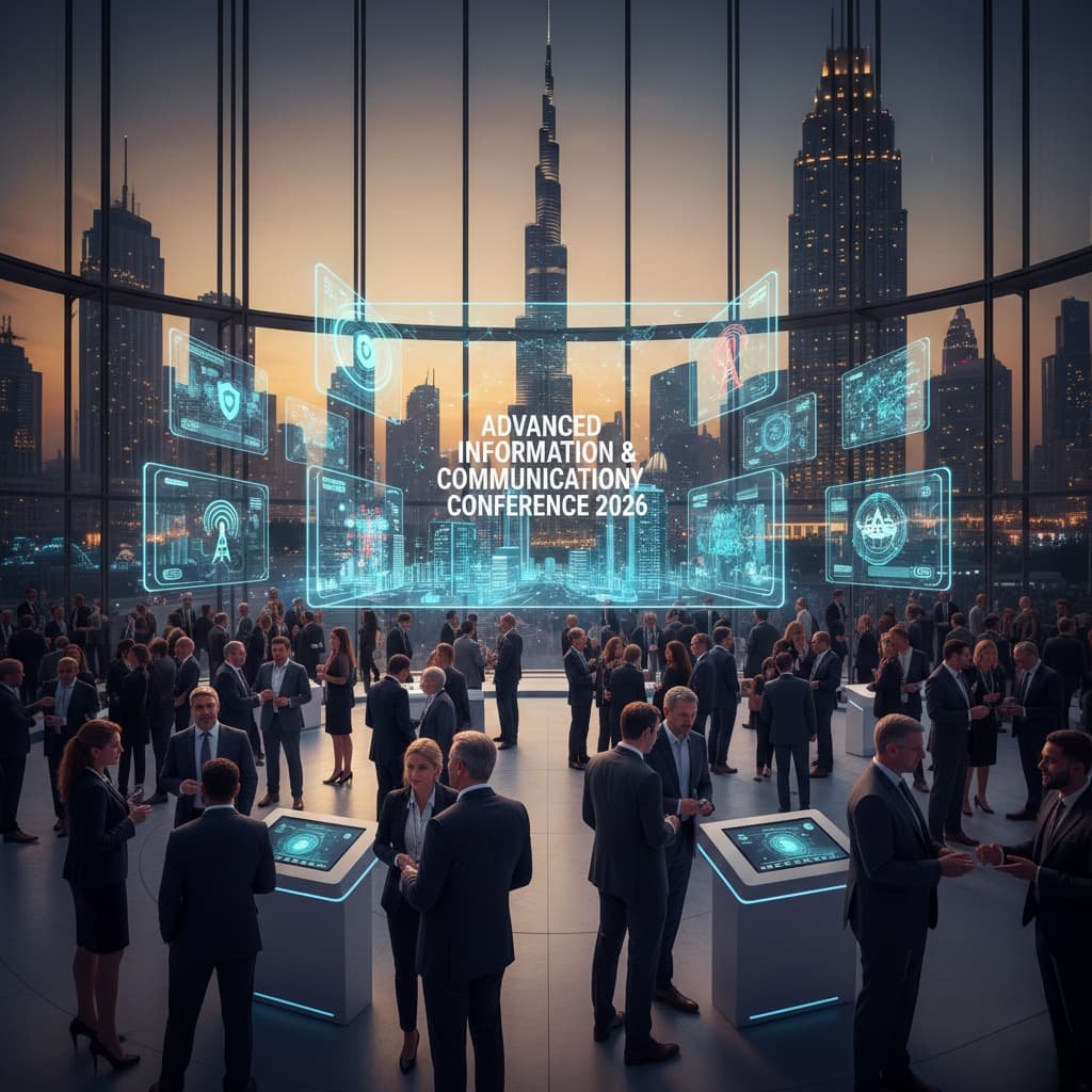 A wide-angle, cinematic view of a futuristic tech conference hall in Dubai. Diverse professionals in corporate attire gather around glowing blue AI kiosks and floating holographic screens displaying data and network symbols. Through a massive glass wall, the Burj Khalifa and Dubai skyline are visible during a vibrant sunset. Centered in the air is a large hologram reading "Advanced Information & Communication Technology Conference 2026.