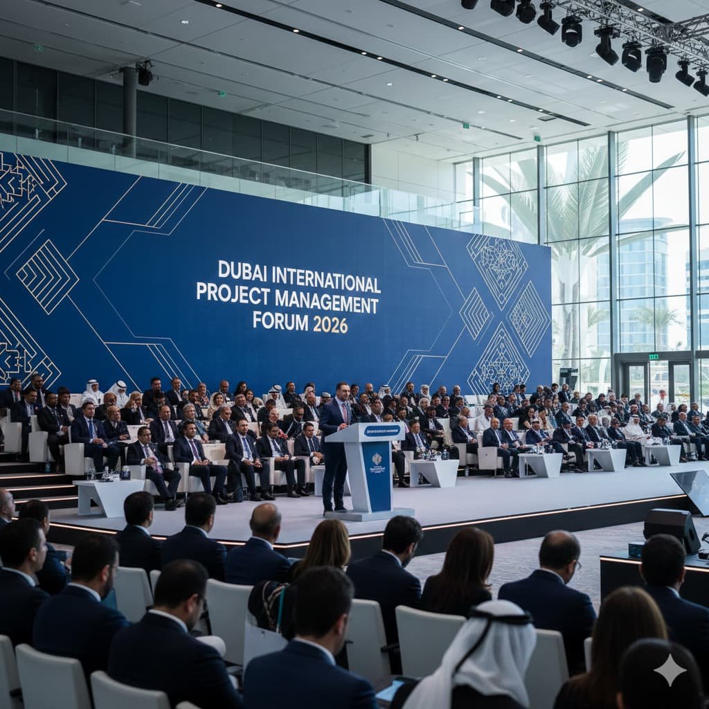 A high-angle, wide photograph of a professional conference in a modern Dubai convention hall. A large LED screen displays "DUBAI INTERNATIONAL PROJECT MANAGEMENT FORUM 2026" in white text on a deep blue background with gold geometric patterns. A speaker at a podium addresses a large audience of diverse professionals in business attire seated in a tiered auditorium.