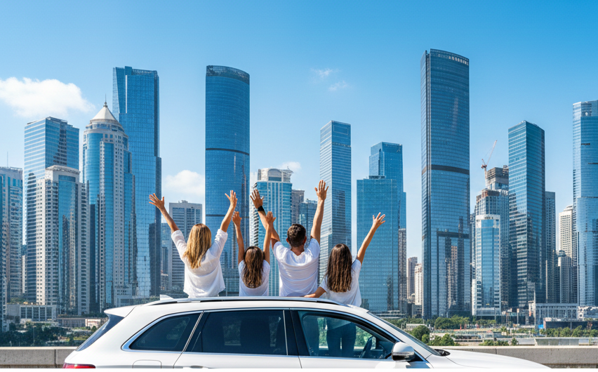 A family of four standing through the sunroof of a white luxury SUV, cheering with arms raised while overlooking the Dubai Marina skyscraper skyline under a clear blue sky.