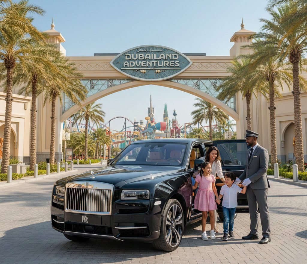 A professional chauffeur in a grey suit and peaked cap holding the door of a black Rolls-Royce Cullinan for a mother and two young children in front of the "Dubailand Adventures" entrance arch.