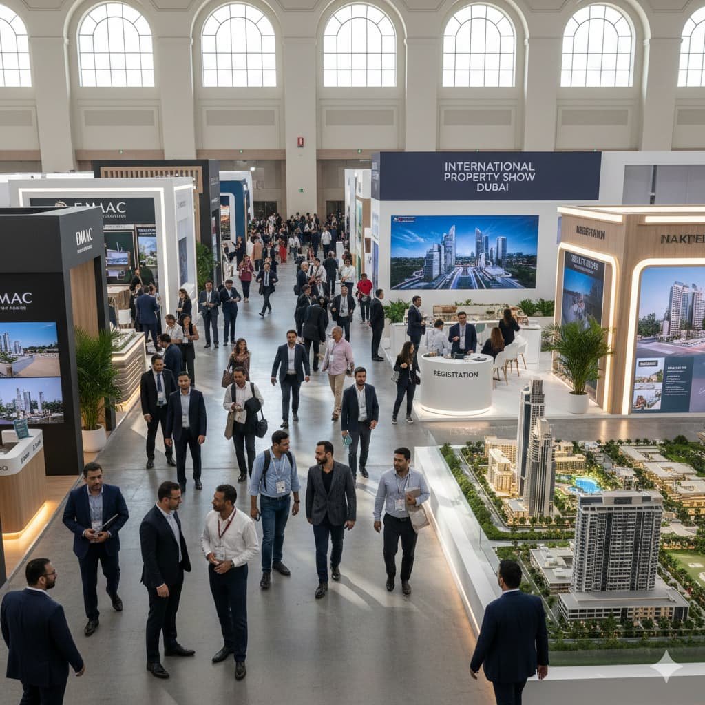A busy, modern real estate exhibition hall in Dubai with people walking past booths, featuring detailed architectural models of skyscrapers and digital property displays under bright, natural lighting.