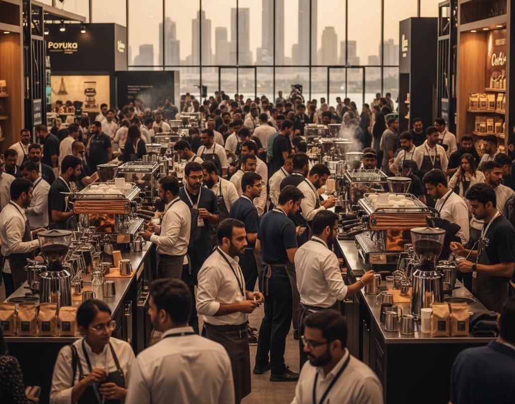 A-photorealistic-wide-angle-view-of-a-crowded-coffee-trade-show-inside-the-Dubai-World-Trade-Centre