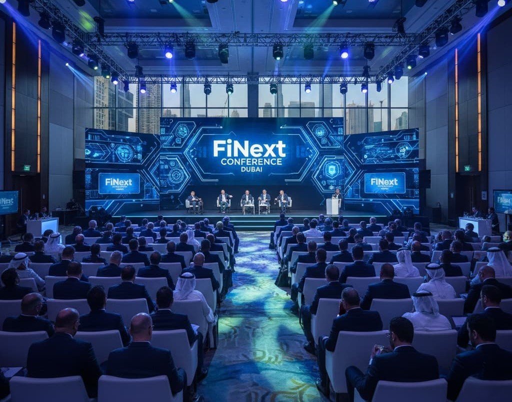A professional fintech conference in Dubai featuring a modern stage with "FiNext Conference Dubai" displayed on large LED screens and a crowd of business professionals.