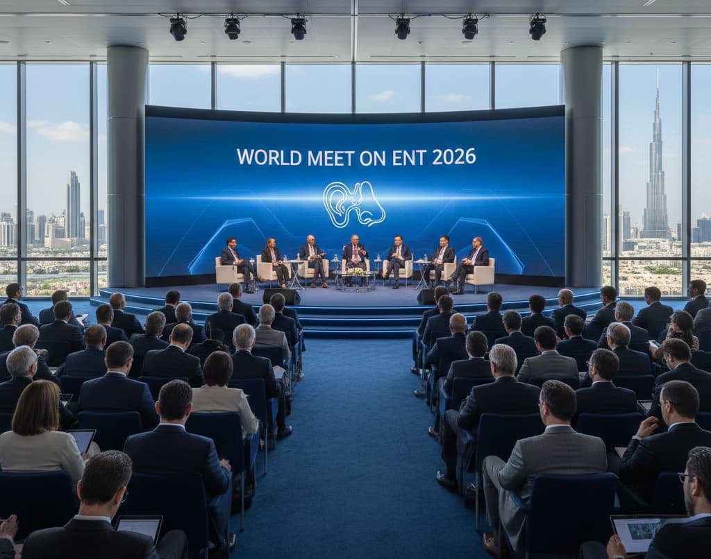 A wide-angle cinematic photograph of a medical conference in Dubai. A large blue digital screen on stage reads "World Meet on ENT 2026" with a stylized ear, nose, and throat logo. An audience of professionals in business attire sits in the foreground, while floor-to-ceiling windows in the background reveal the Dubai skyline and the Burj Khalifa.