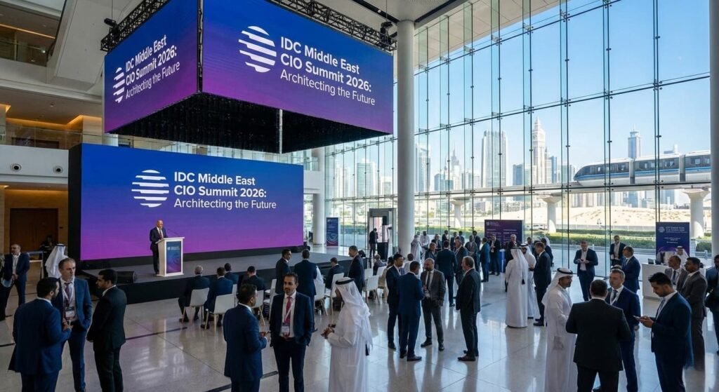 A high-tech conference hall in Dubai for the IDC Middle East CIO Summit 2026, featuring large LED screens with summit branding, business professionals in networking circles, and a view of the city skyline through floor-to-ceiling windows.