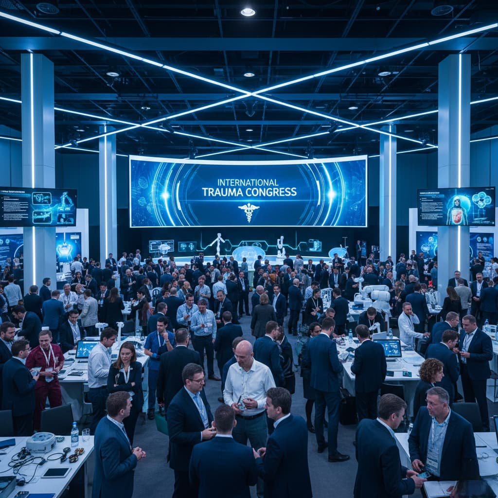 A high-angle view of a crowded, modern international medical conference hall featuring a large digital screen reading "International Trauma Congress" under blue neon architectural lighting.