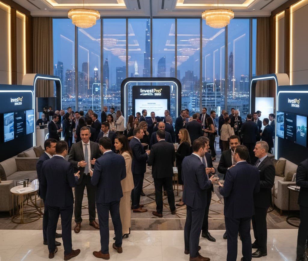 A high-end B2B networking event in a luxury ballroom featuring delegates in business attire, "InvestPro 2026" exhibition booths, and a soft-focus Dubai skyline view through large windows.