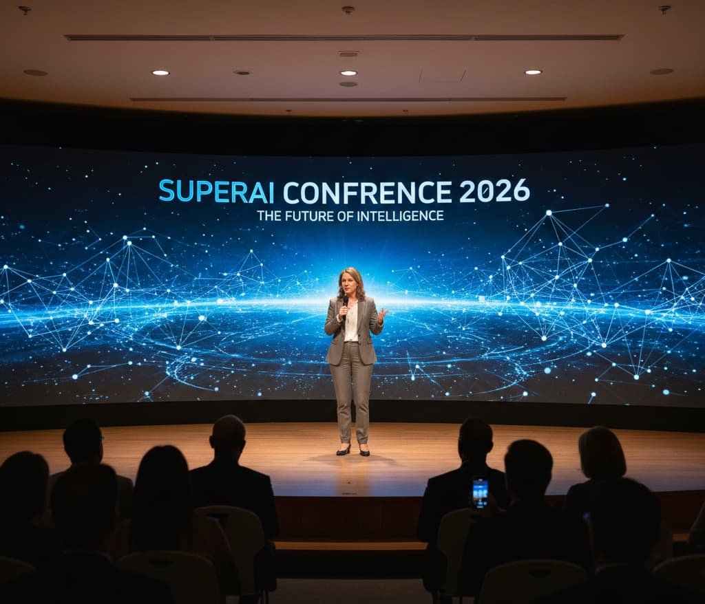 A wide-angle photograph of a professional female speaker on a wooden stage at the SuperAI Conference 2026. Behind her is a massive, curved LED screen showing a blue neural network graphic. The audience is visible in the foreground as dark silhouettes.