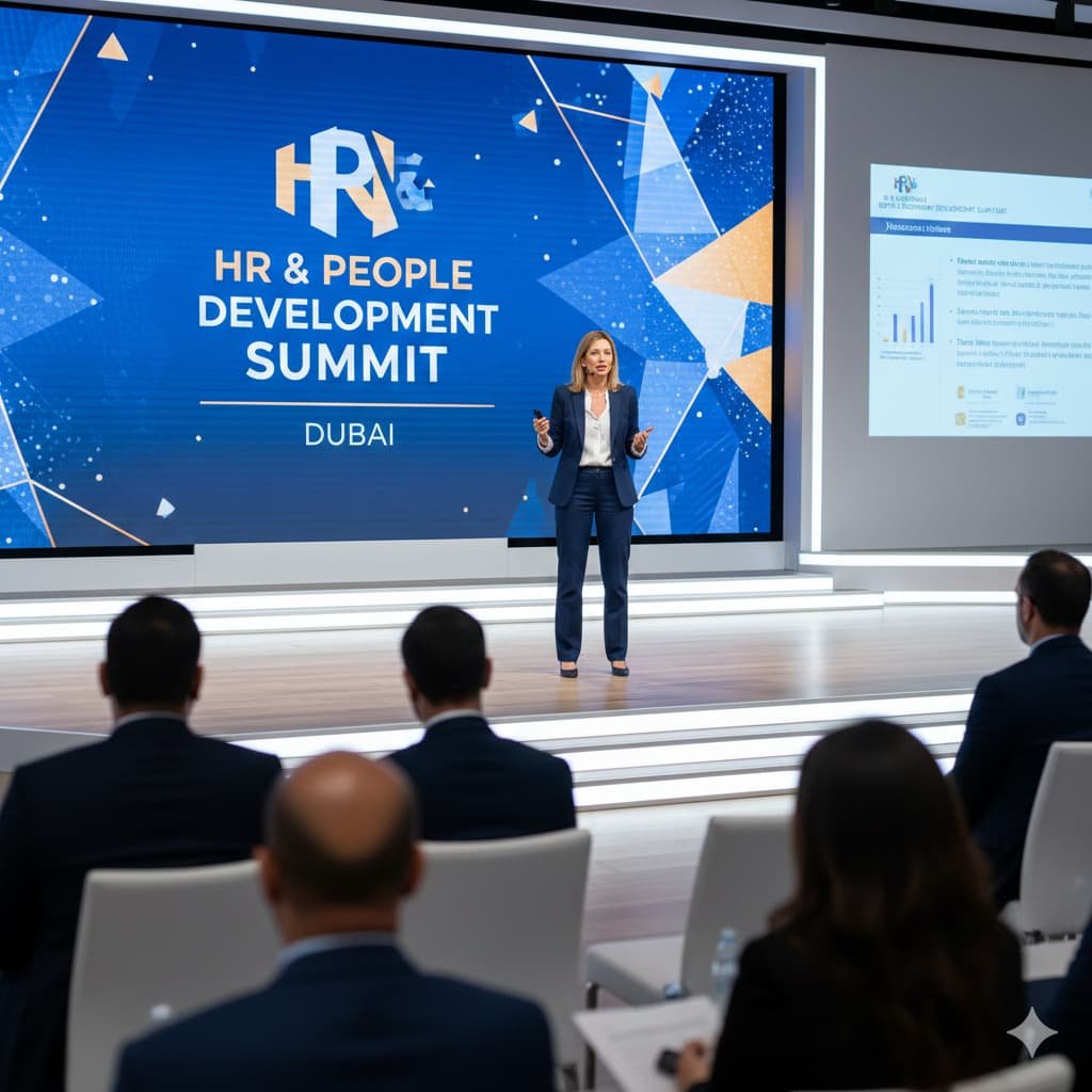 A professional female keynote speaker in a navy blue suit stands on a modern corporate stage in Dubai. Behind her is a large blue digital screen with the summit branding; the audience is seen from the back in soft focus.
