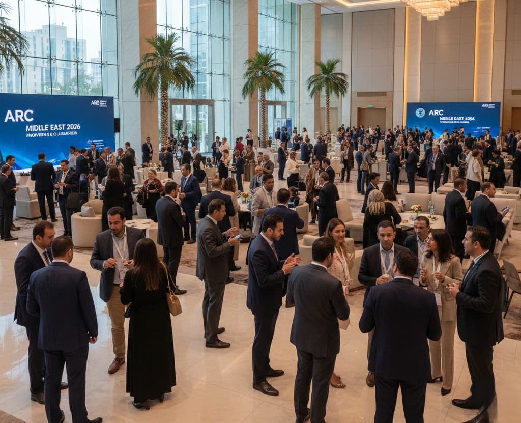 A wide-angle professional event photograph of a crowded networking hall at ARC Middle East 2026. Diverse attendees in business attire are talking in groups within a modern, high-ceilinged venue featuring large glass walls and indoor palm trees.