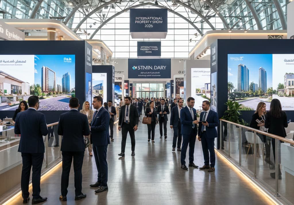 A high-end, realistic photograph of the International Property Show 2026 in a modern Dubai exhibition hall. Professional men and women in suits are networking between elegant property booths featuring large LED screens of luxury skyscrapers. Overhead banners read "International Property Show 2026."