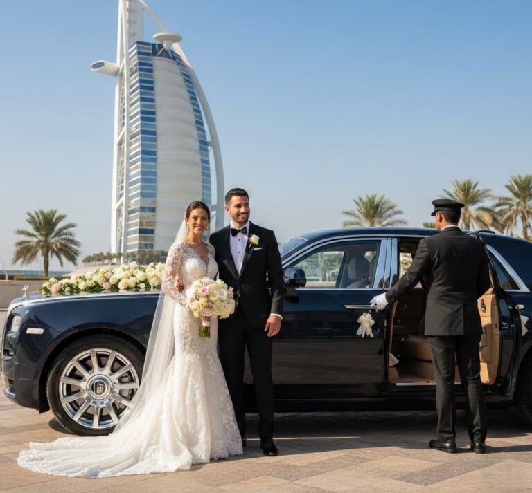 A bride and groom standing by a decorated white Rolls-Royce Phantom with a professional chauffeur opening the door, featuring the Burj Al Arab hotel in the background.