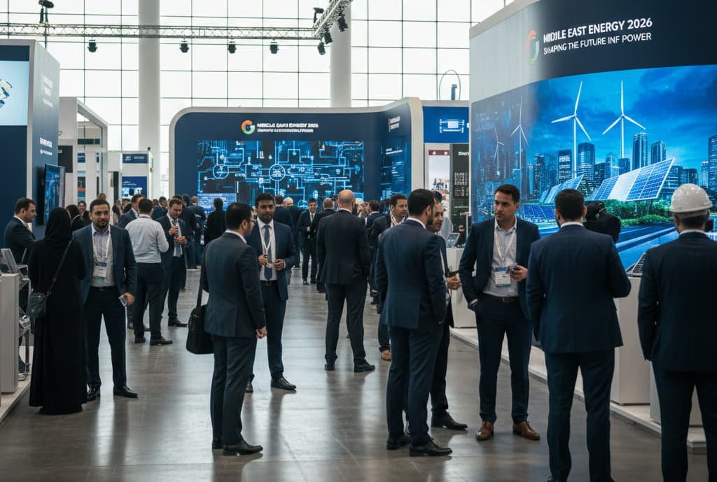 A photorealistic wide-angle shot of a busy exhibition hall at the Middle East Energy 2026 Conference in Dubai. Professionals in business attire network between modern booths featuring large LED displays of renewable energy systems and power grids.