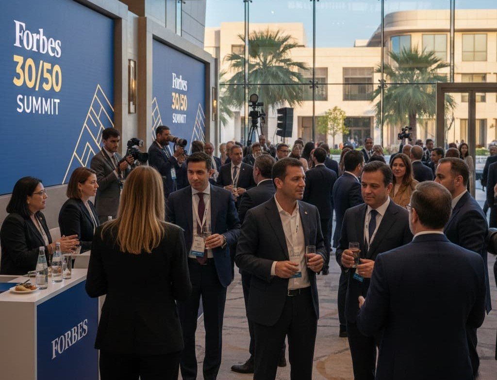 A professional documentary-style photograph of business leaders networking in a sunlit, luxury glass-walled venue in Abu Dhabi during the Forbes 30/50 Summit.