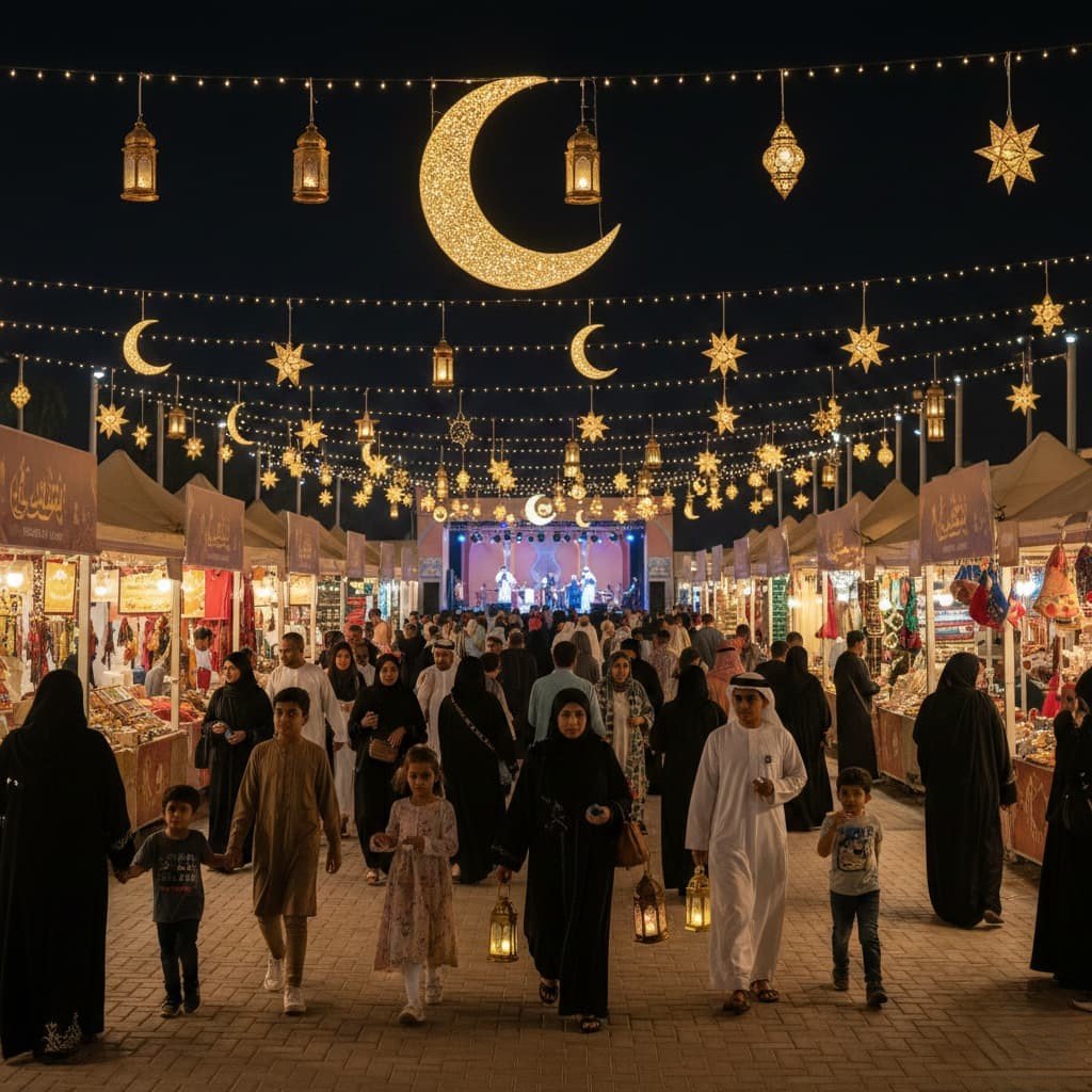 A realistic night photograph of a busy outdoor Ramadan nights marketplace at Expo Centre Sharjah, featuring crowds of people walking between stalls under hanging golden crescent moons and fairy lights.
