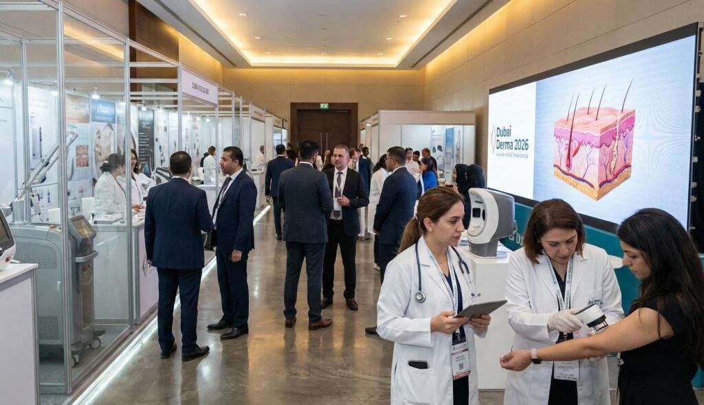 A busy modern exhibition hall at the Dubai Derma 2026 conference. Medical professionals in business attire and white lab coats are networking and interacting with advanced dermatology equipment in glass booths. In the foreground, a doctor examines a person's arm using a handheld skin analysis device. A large LED screen displays a cross-section of skin layers alongside the event logo.