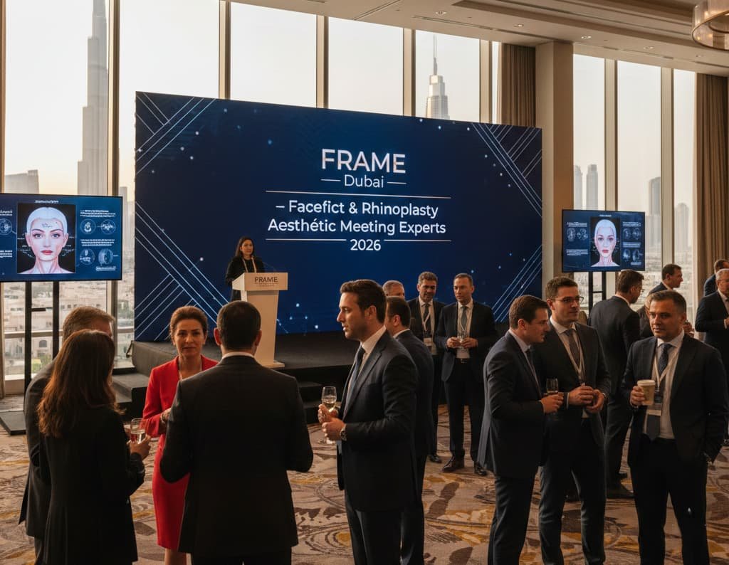 A professional medical conference in a luxury Dubai ballroom. In the background, a large blue LED screen displays "FRAME Dubai – Facelift & Rhinoplasty Aesthetic Meeting Experts 2026." Professional doctors in suits network in the foreground, with floor-to-ceiling windows revealing the Dubai skyline and Burj Khalifa.