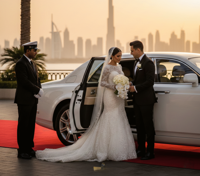 A luxury white Rolls-Royce Phantom parked in Dubai during golden hour, representing a premium wedding chauffeur service.