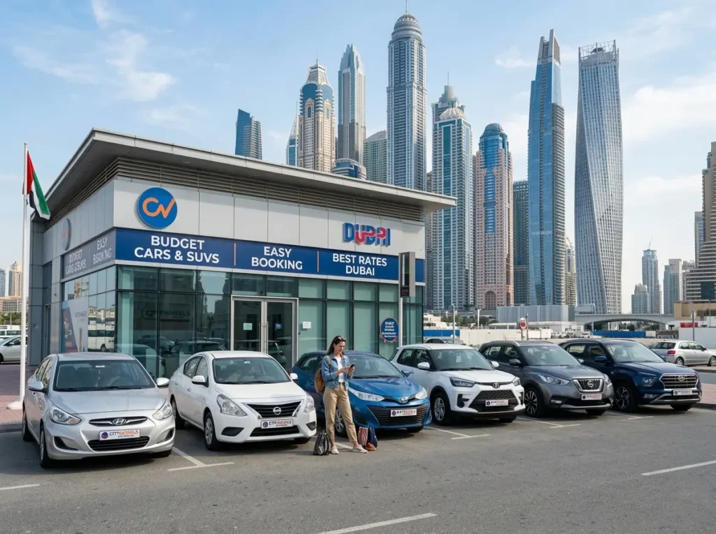Customer using smartphone outside Dubai car rental office with economy cars and SUVs lineup to Rent a Cheap Car easily.