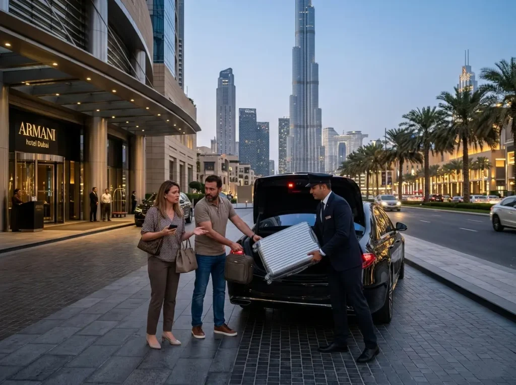 Emergency Travel Solutions in Dubai with chauffeur loading luggage for travelers outside a luxury hotel near the Burj Khalifa skyline.
