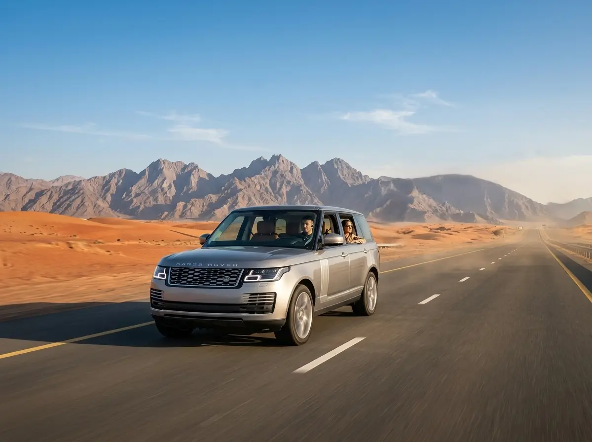 Luxury SUV road trip traveling Oman from Dubai through desert highway with mountain views, a comfortable cross-border travel experience.