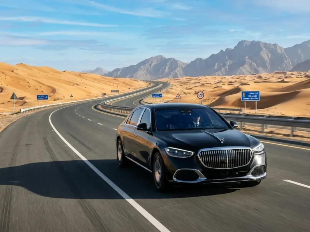 Luxury car driving on desert highway from Dubai to Oman with mountains and open road scenery.