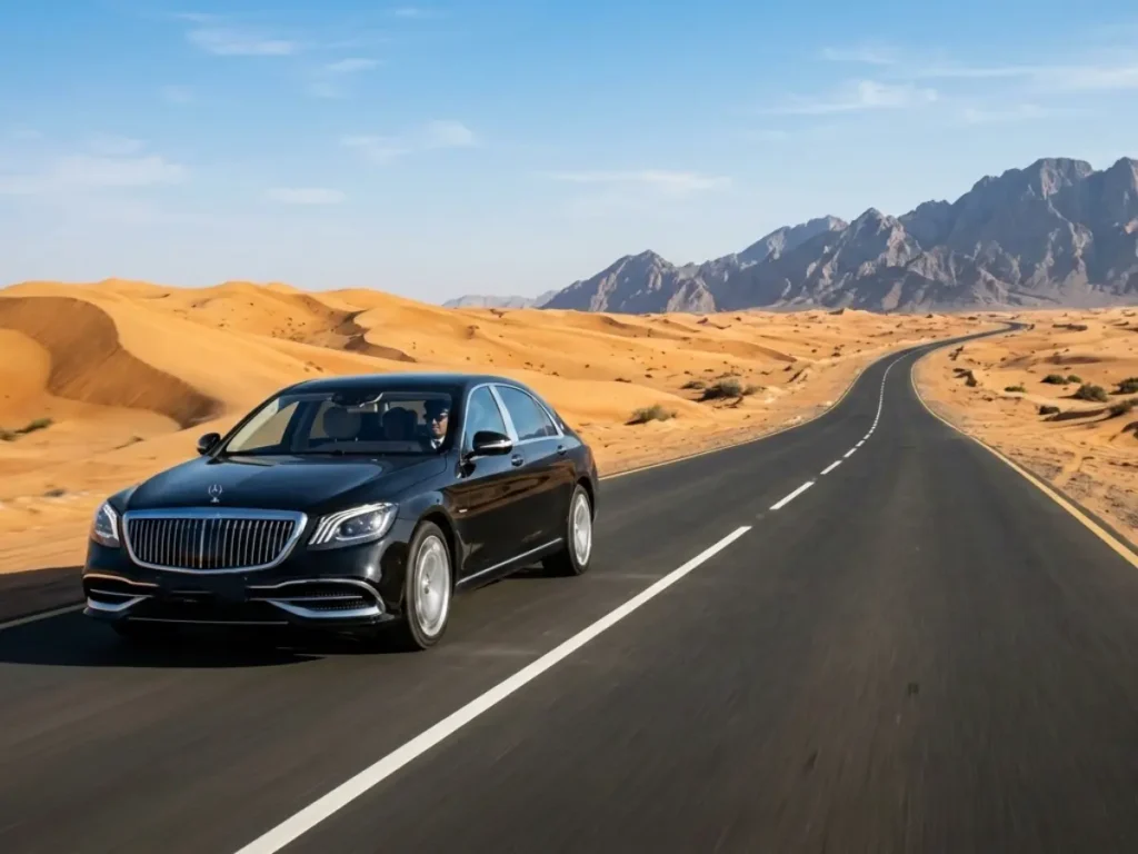 Luxury chauffeur car driving on desert highway from Dubai to Muscat with scenic dunes and mountains.
