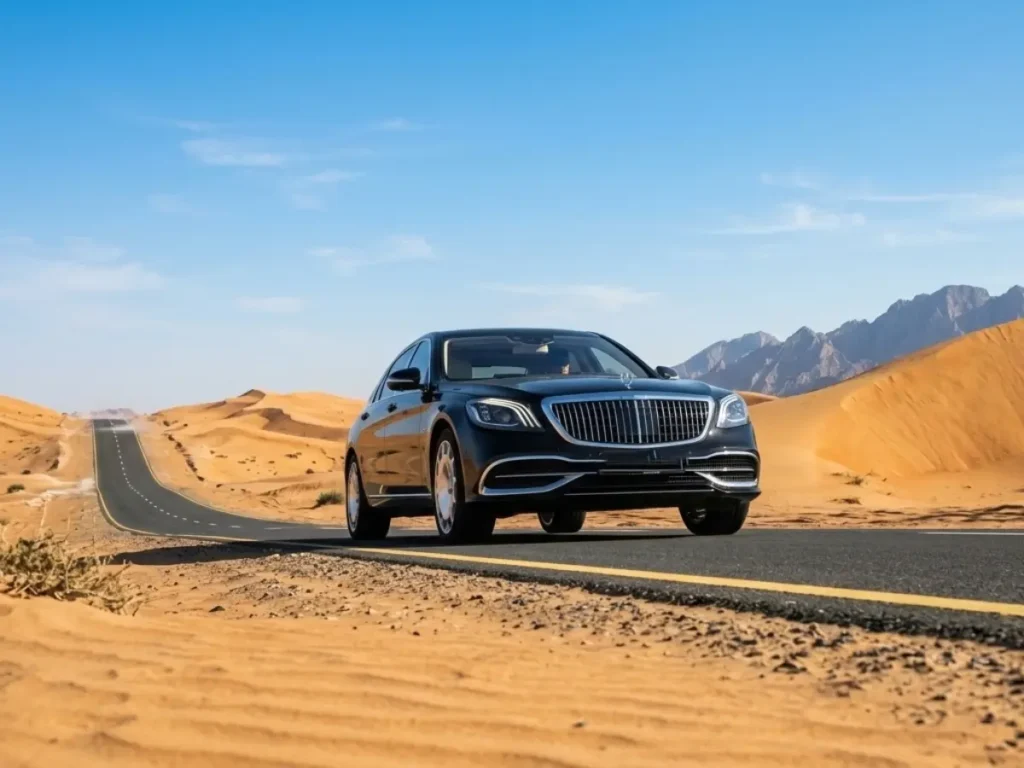 Luxury chauffeur car driving through desert highway for Dubai to Muscat private transfer service.