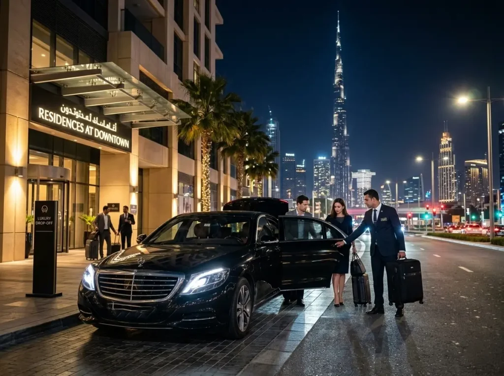 Luxury sedan pickup with professional chauffeur services in Dubai, assisting travelers with luggage outside a hotel with the Burj Khalifa skyline at night.