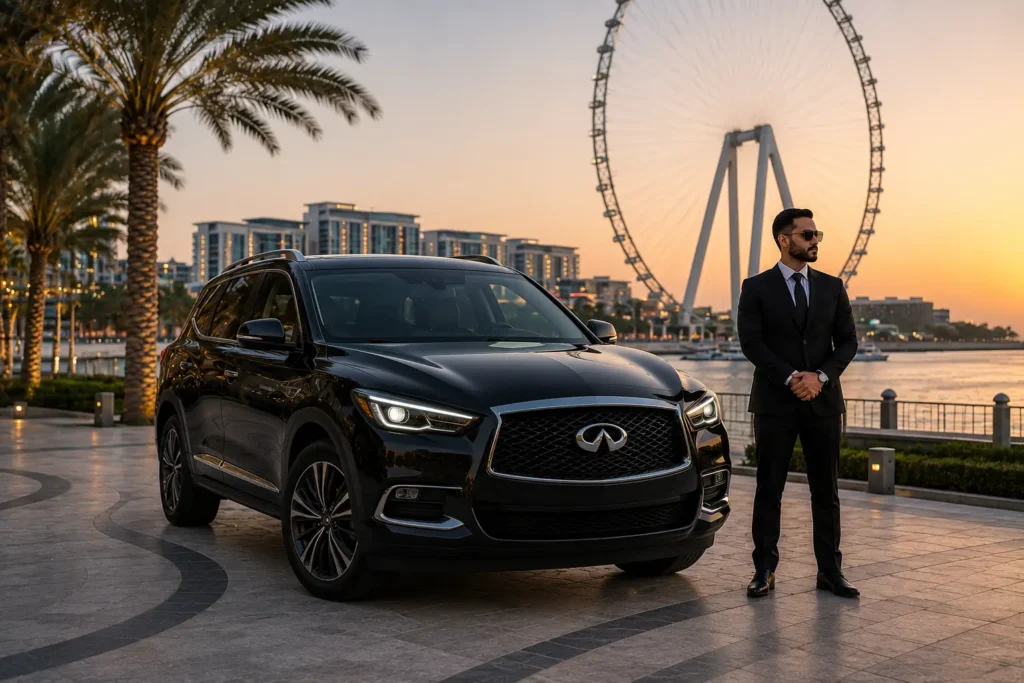 A black Infiniti QX60 with a professional chauffeur, likely a 2020 model, parked near a Ferris wheel, available through Infiniti car rental Dubai services.