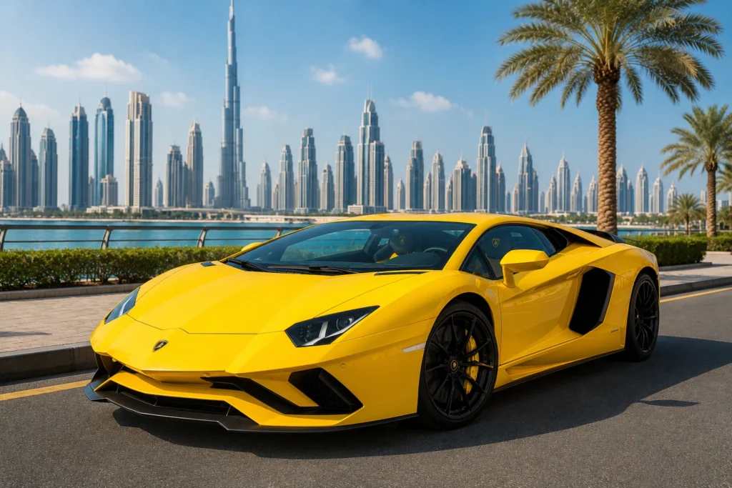 A bright yellow Lamborghini Aventador S parked on a paved surface with the iconic Dubai skyline, including the Burj Khalifa, visible in the background under a clear daytime sky.