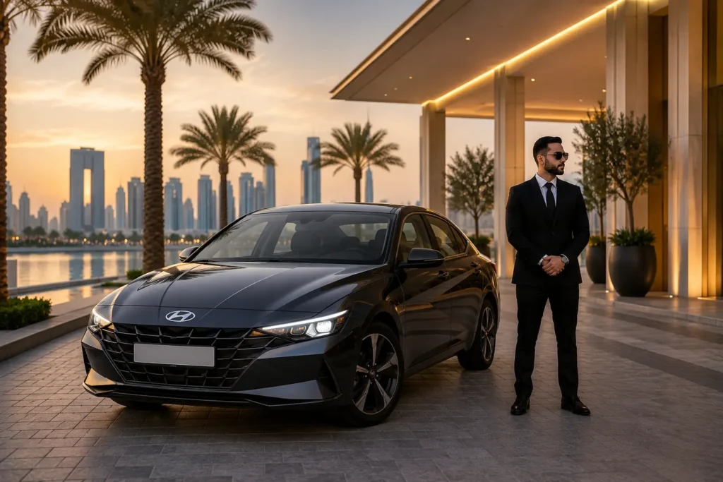 A dark gray Hyundai Elantra with a professional driver, featuring a sleek front grille and set in a luxury environment, available through Hyundai car rental Dubai services.