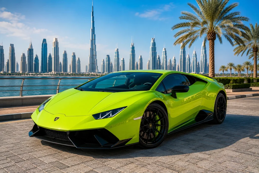 A lime green Lamborghini Huracán parked in front of a Dubai-inspired cityscape background with palm trees and modern skyscrapers.