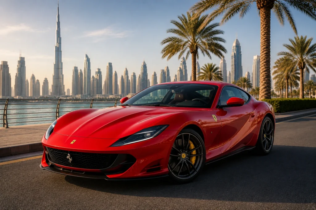 A red Ferrari 812 Superfast grand tourer set against the backdrop of the Dubai skyline and palm trees.