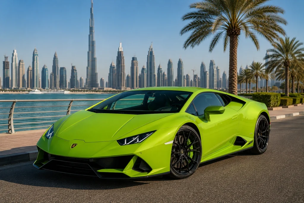 A vibrant green Lamborghini Huracán EVO is photographed against the iconic skyline of Dubai.