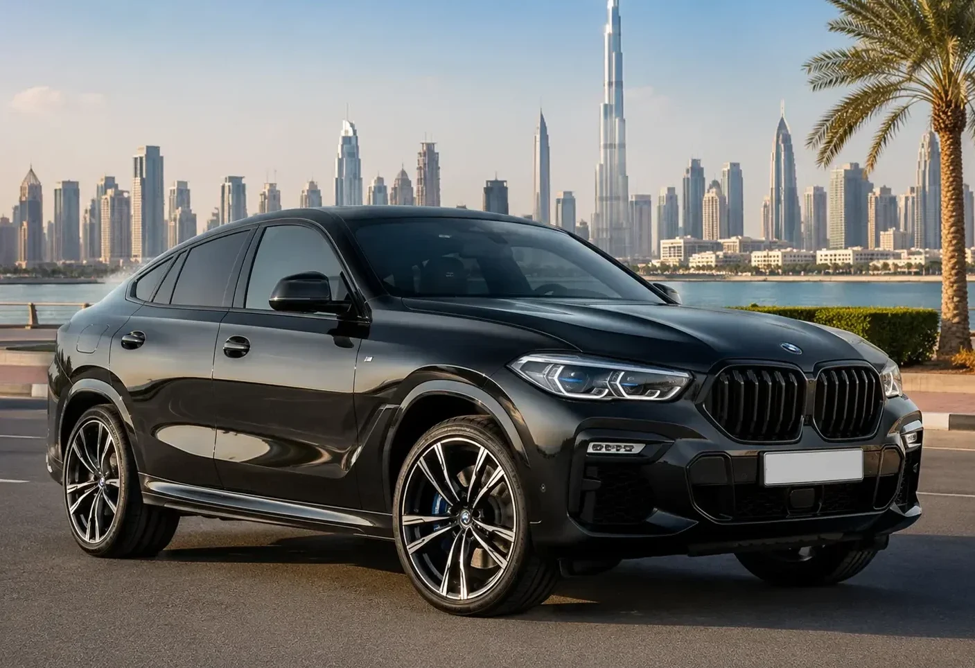BMW X6 xDrive40i rental Dubai luxury SUV parked with the iconic Dubai skyline in the background, showcasing a premium black exterior and elegant design for chauffeur-driven travel.