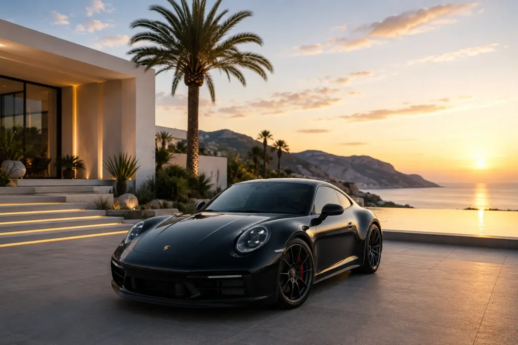 Black Porsche sports car parked outside a luxury waterfront villa in Dubai, perfect for travelers searching for Porsche Rental Dubai services.