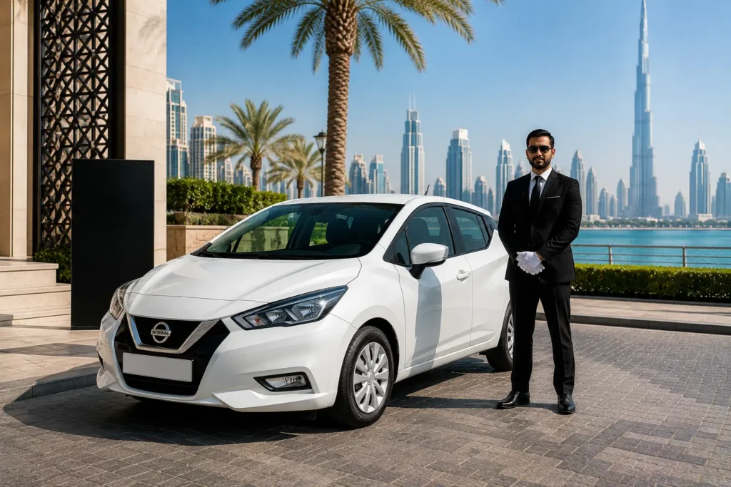 Comfortable compact car for Nissan Micra Rental with Driver Dubai featuring modern Dubai skyline, waterfront road, and professional chauffeur service atmosphere.