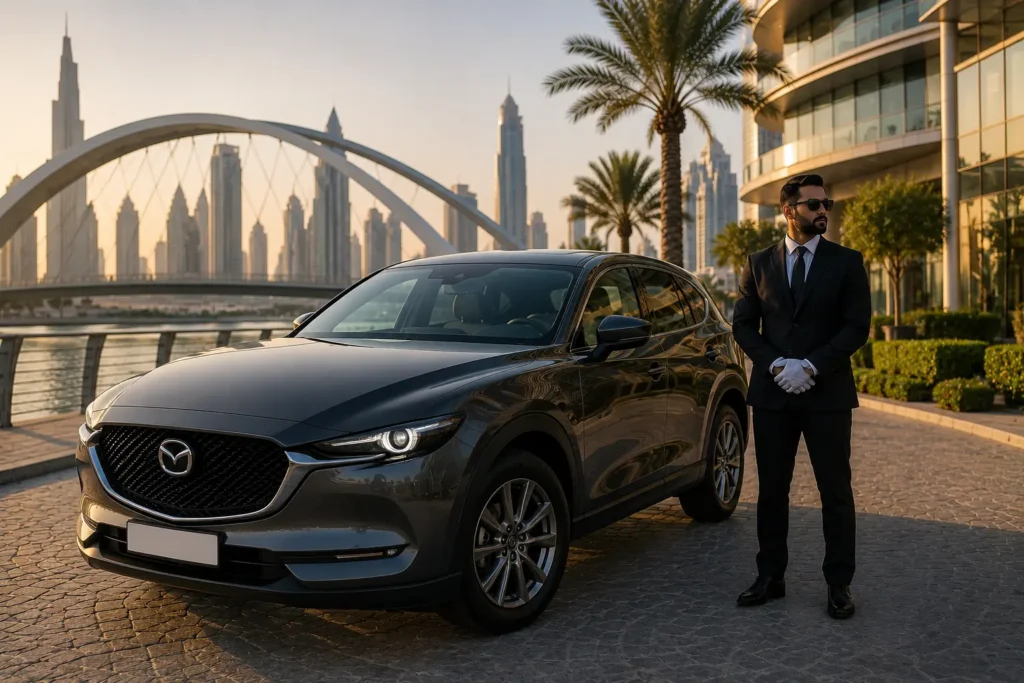 Elegant Mazda SUV with professional driver near a scenic Dubai canal, perfect for rent a Mazda in Dubai services.