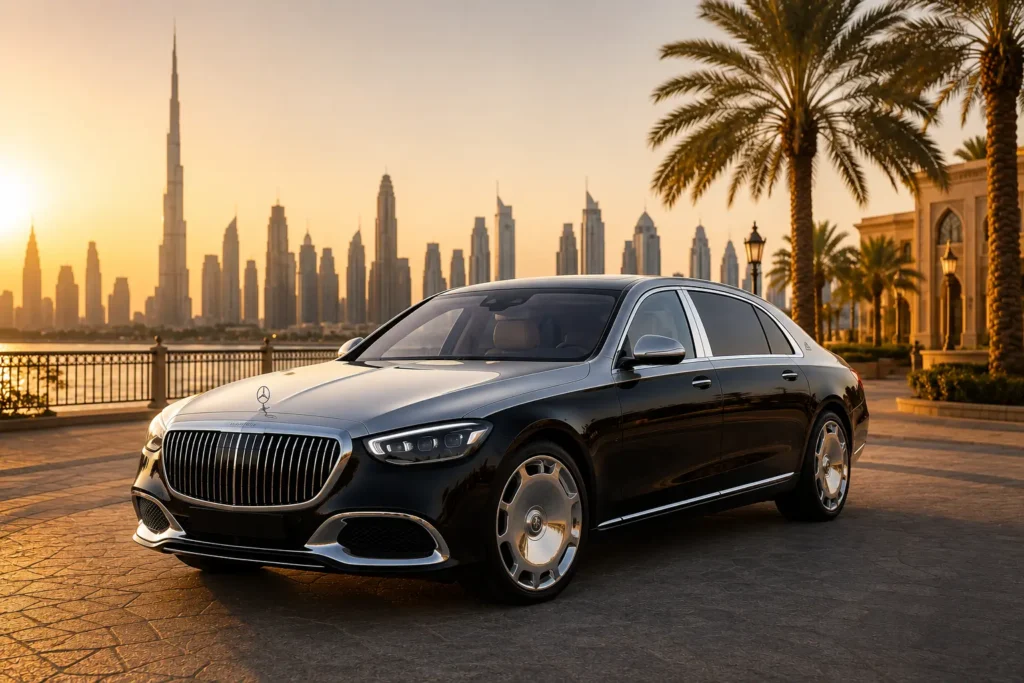 Elegant luxury sedan for Mercedes Maybach Rental Dubai parked beside Dubai waterfront promenade with palm trees and stunning sunset skyline atmosphere.